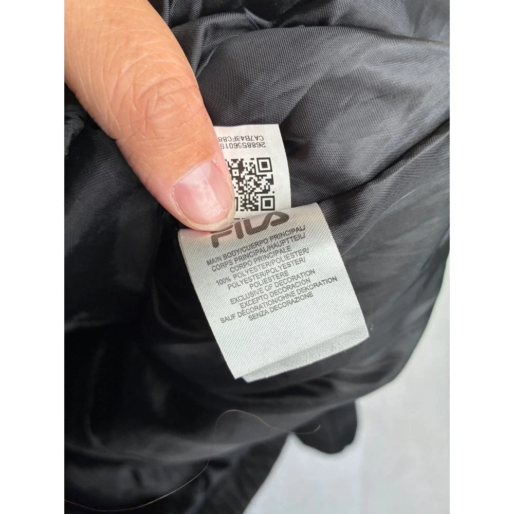 FILA Mens Black White Colorblock Puffer Jacket Full Zip Logo Tape Quilted Small